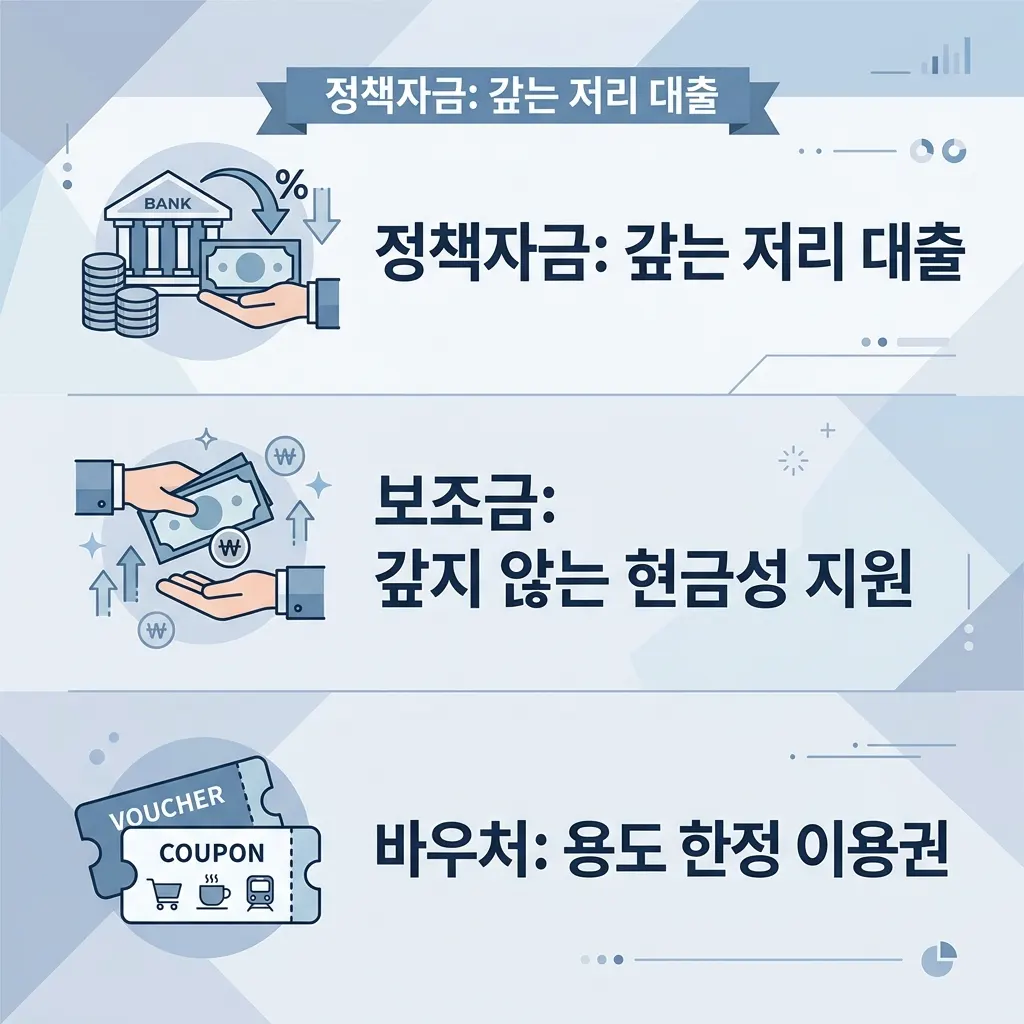 소상공인 지원금 정책자금 보조금 바우처 3가지 종류를 정리한 도식