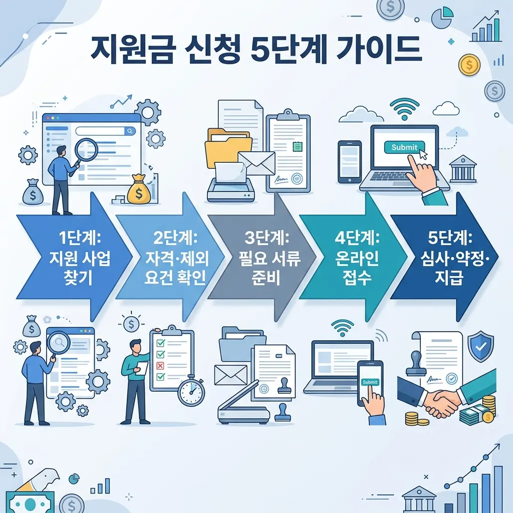 소상공인 지원금 신청 절차 5단계를 순서대로 보여주는 흐름 도식