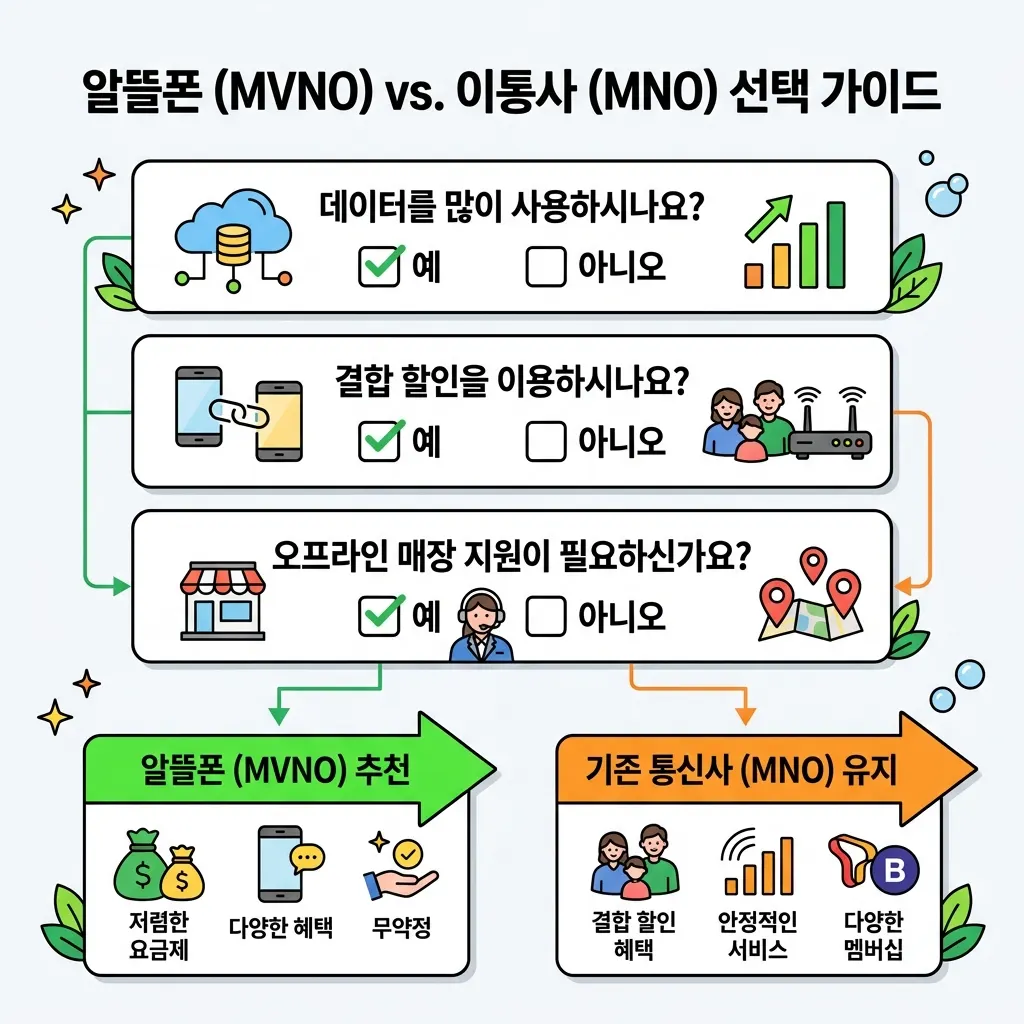 데이터 사용량과 결합 혜택 활용 여부 등으로 통신사와 알뜰폰을 선택하는 판단 기준을 정리한 도식