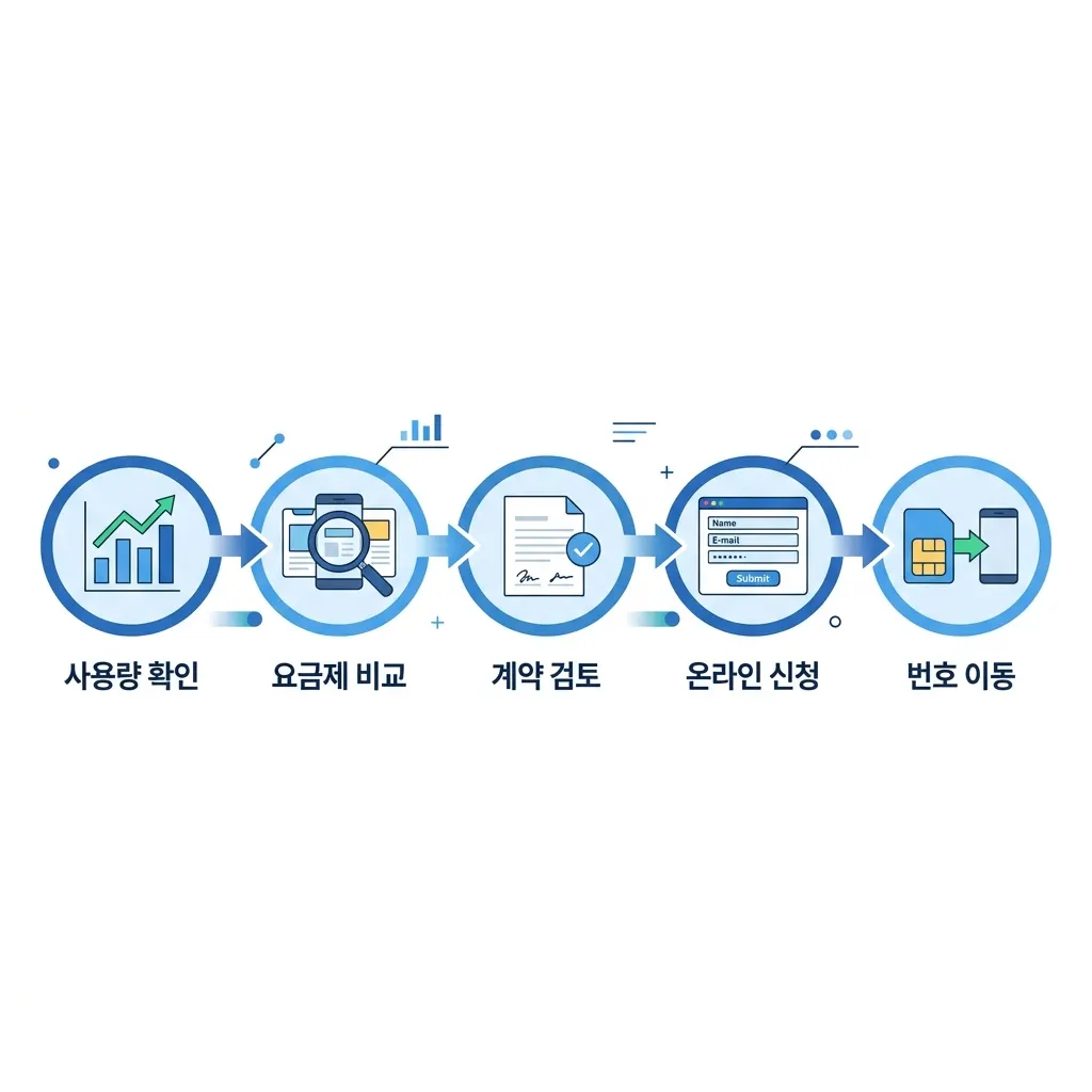 사용량 점검부터 요금제 비교, 개통, 번호이동까지 알뜰폰 전환 절차를 단계로 정리한 도식
