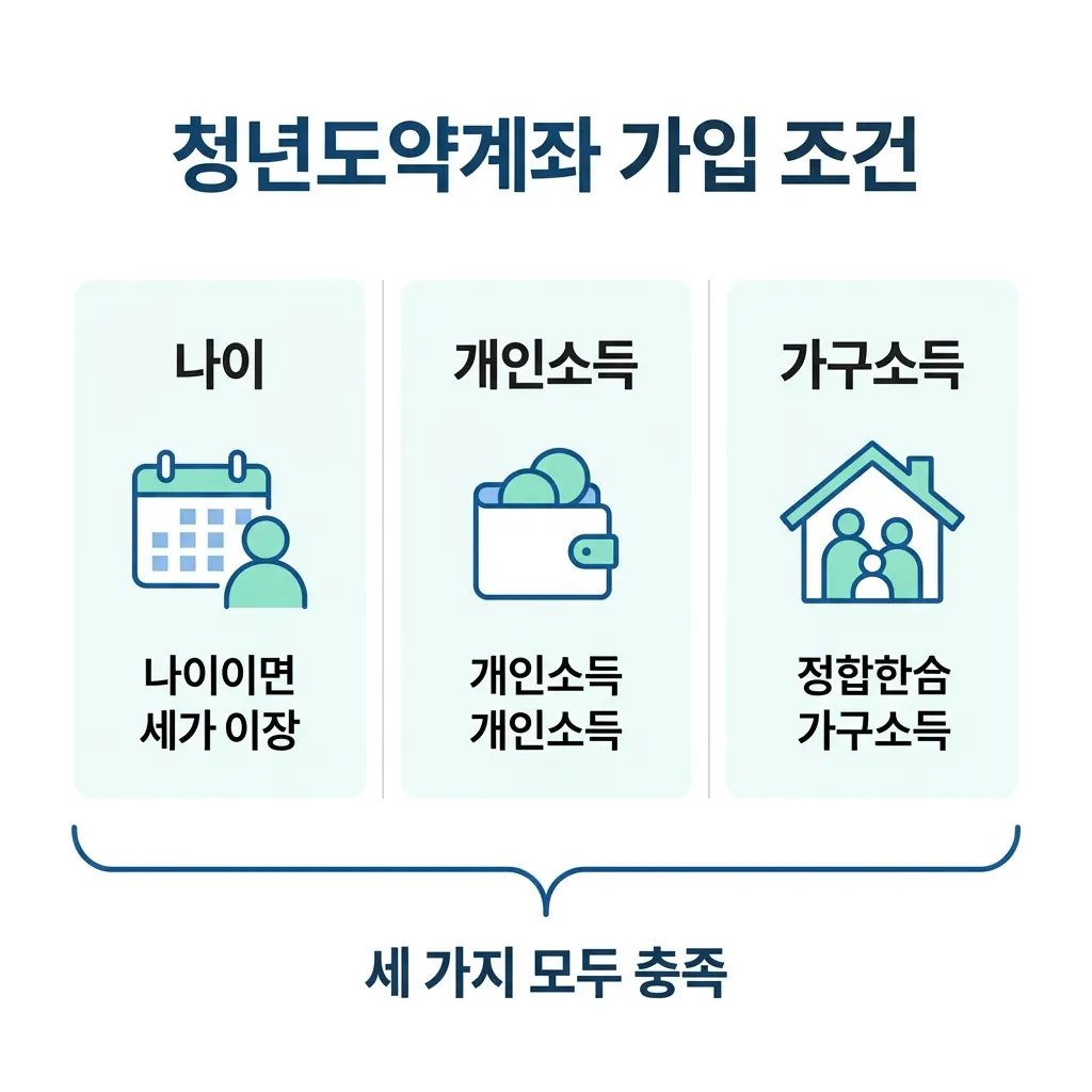 청년도약계좌 나이 소득 가구소득 가입 조건 세 가지를 정리한 도식