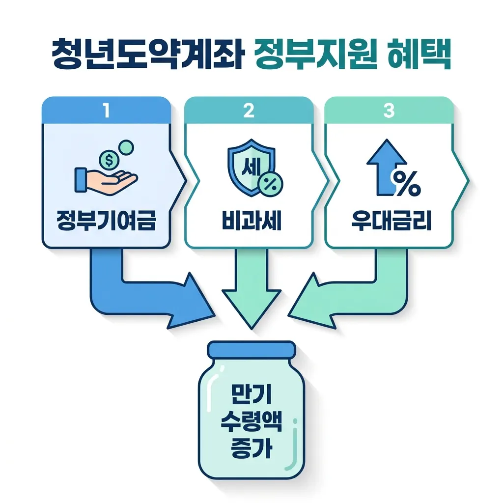 청년도약계좌 정부기여금 비과세 우대금리 세 가지 혜택 구조를 나타낸 인포그래픽