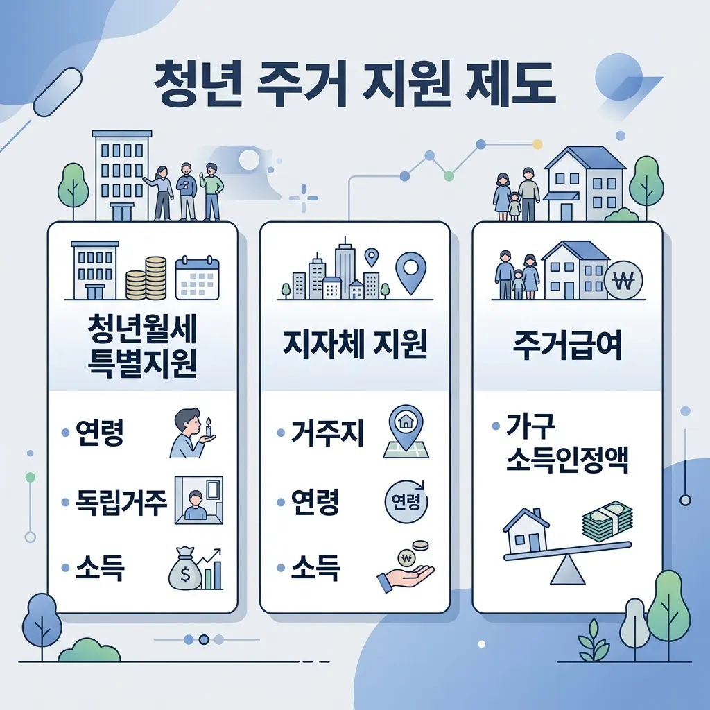청년월세 특별지원, 지자체 지원, 주거급여의 자격 구조를 비교한 도식
